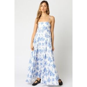 American Threads Blue White Floral Toile Maxi Dress Smocked Back Medium